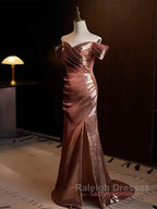 Pleat Trumpet Mermaid Coffee Sequin Prom Dresses With Slit