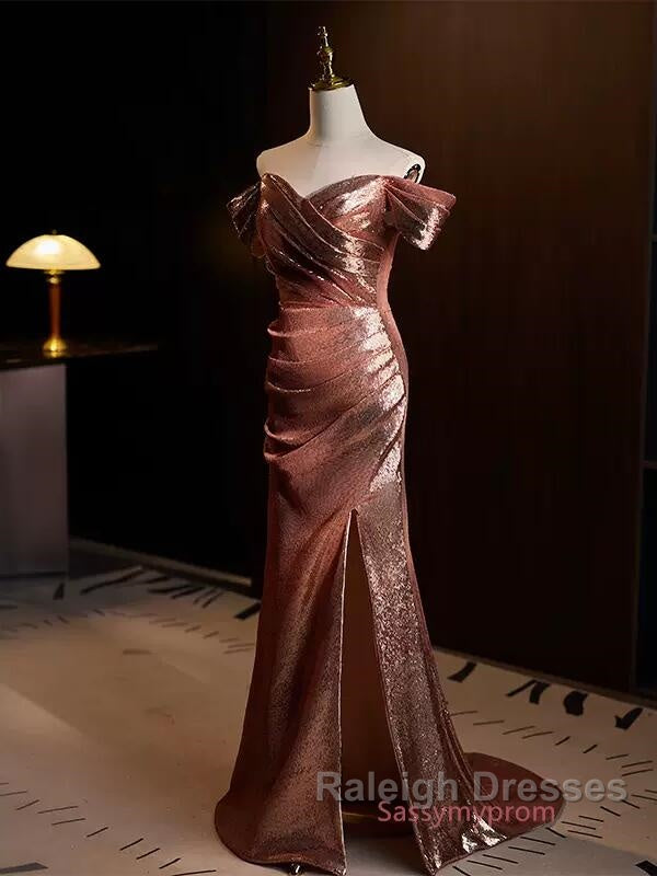Pleat Trumpet Mermaid Coffee Sequin Prom Dresses With Slit