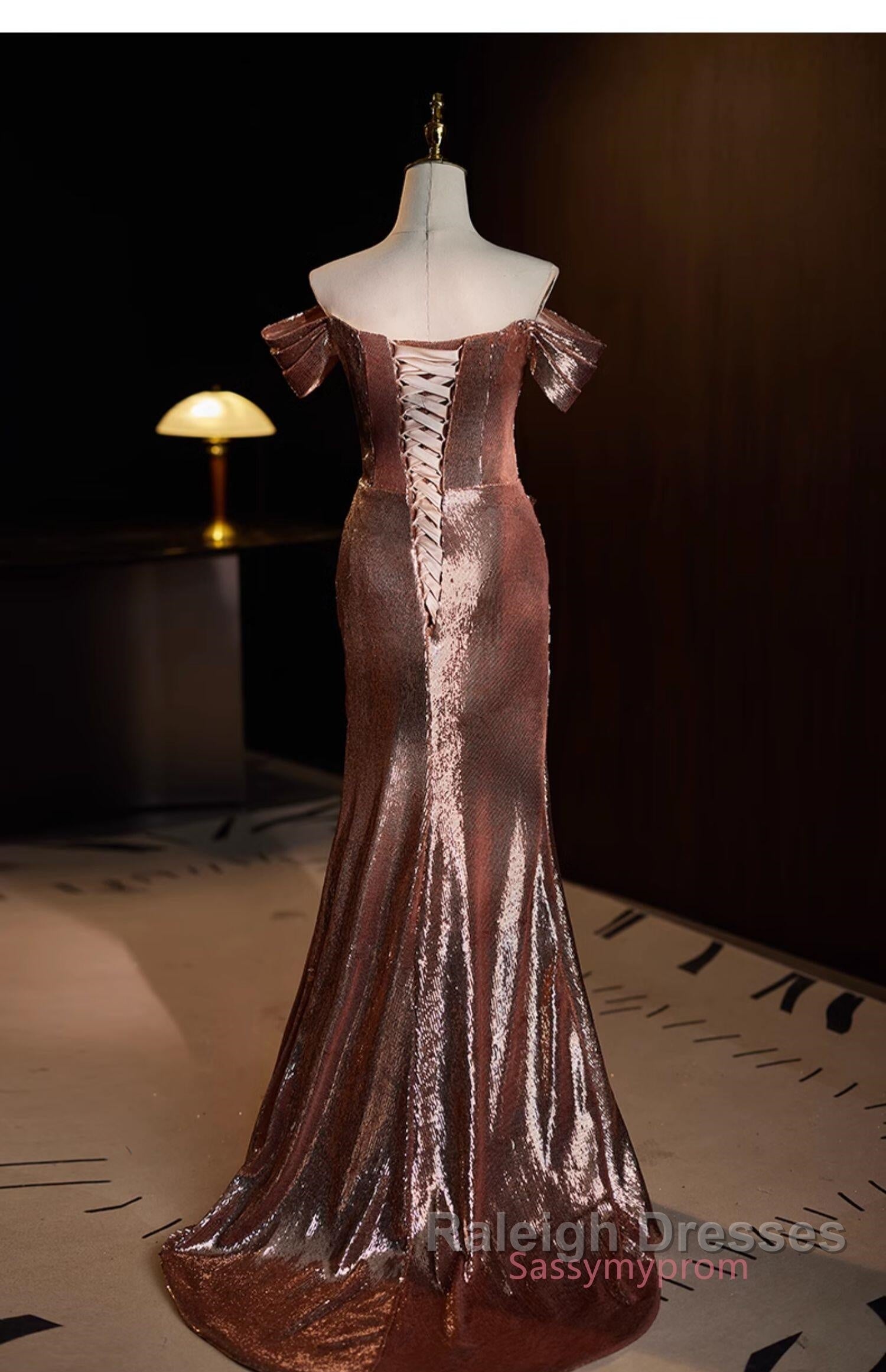 Pleat Trumpet Mermaid Coffee Sequin Prom Dresses With Slit