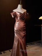 Pleat Trumpet Mermaid Coffee Sequin Prom Dresses With Slit