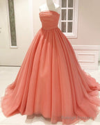Pleated Tulle Bow Back Ball Gown Dresses Strapless