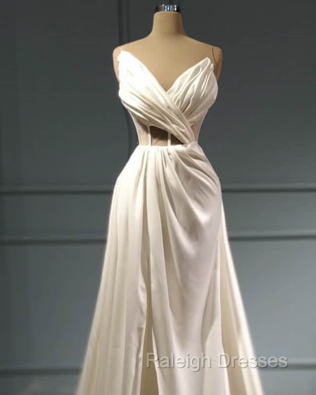 Pleated V Neck High Slit Satin Wedding Dress