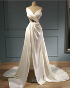 Pleated V Neck High Slit Satin Wedding Dress