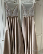 Plunge Neck Beaded Satin Dresses
