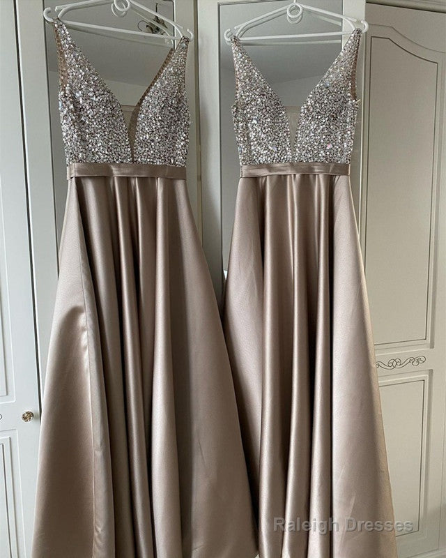 Plunge Neck Beaded Satin Dress