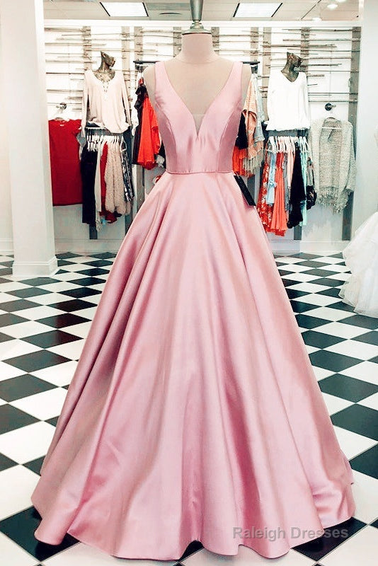 Plunge V-Neck Long Satin Ball Gowns Prom Dresses
