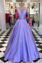 Plunge V-Neck Long Satin Ball Gowns Prom Dresses