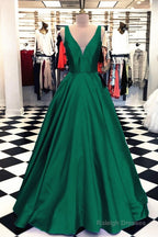 Plunge V-Neck Long Satin Ball Gowns Prom Dresses