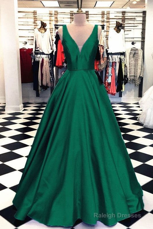 Plunge V-Neck Long Satin Ball Gowns Prom Dresses