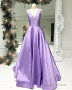 Plunge V-Neck Long Satin Ball Gowns Prom Dresses