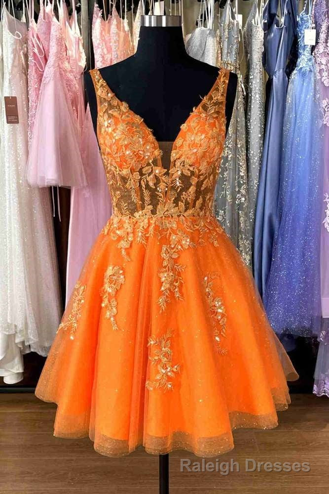 Plunging Neck Orange Appliques Short Party Dress Main image