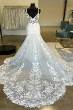 Plunging V Neck Appliques Trumpet Sweeping Wedding Dress