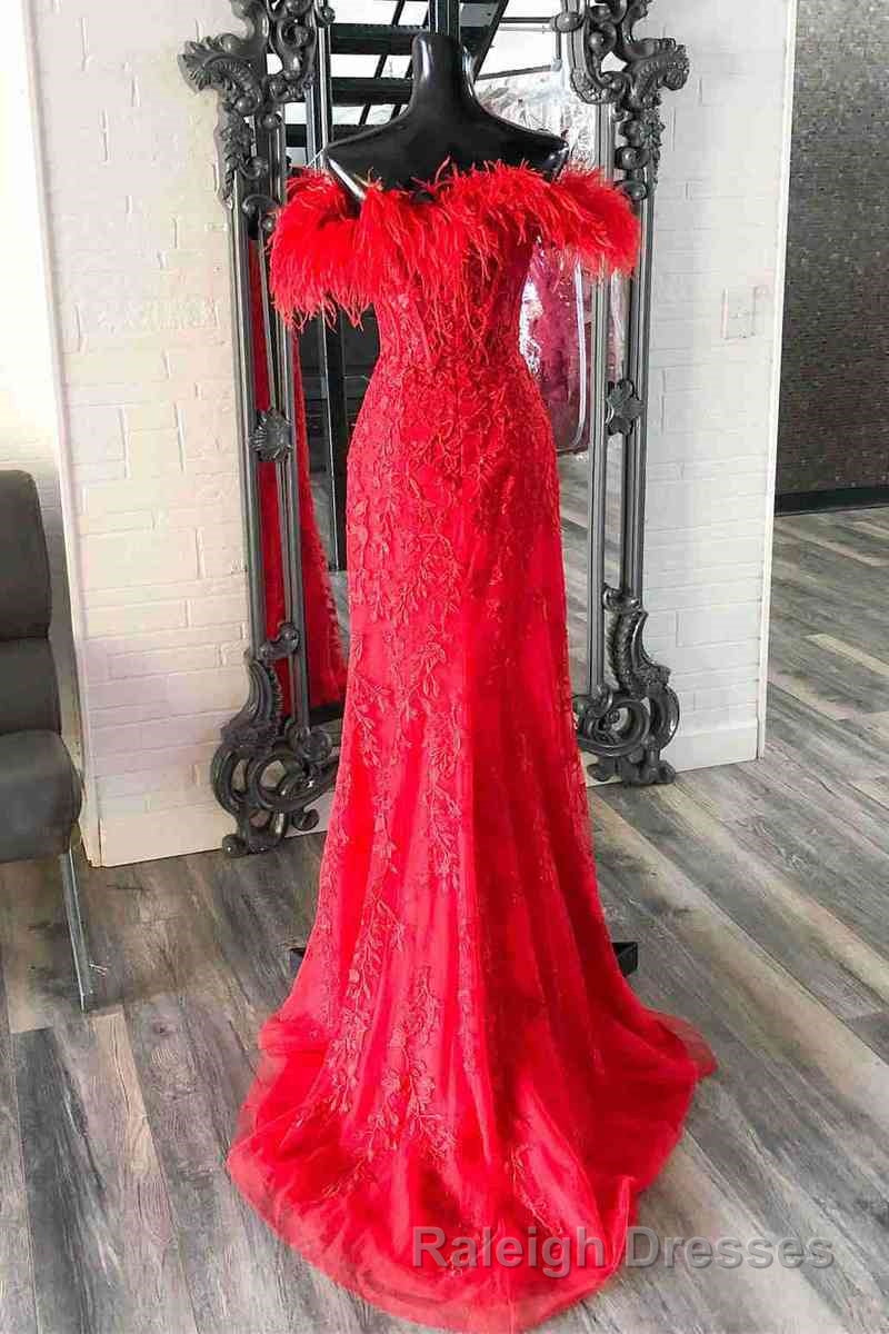 Plunging V Neck Red Feather Shoulder Prom Dresses Long Gala Prom Gown