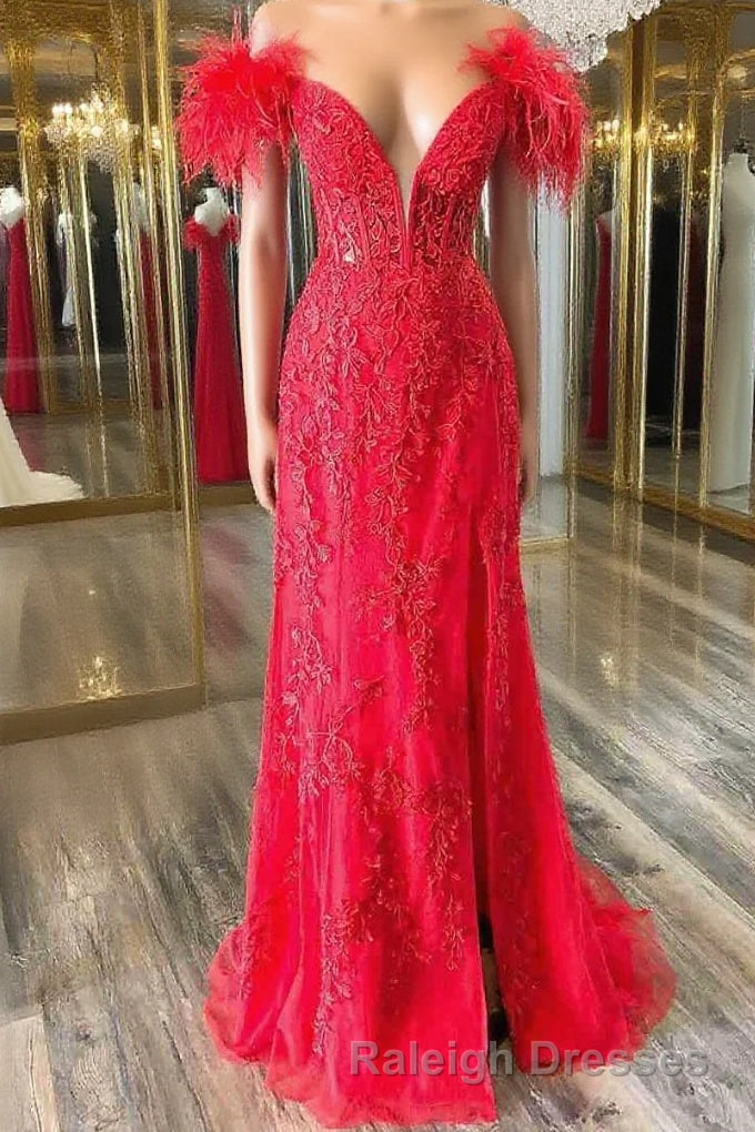 Plunging V Neck Red Feather Shoulder Prom Dresses Long Gala Prom Gown Main image