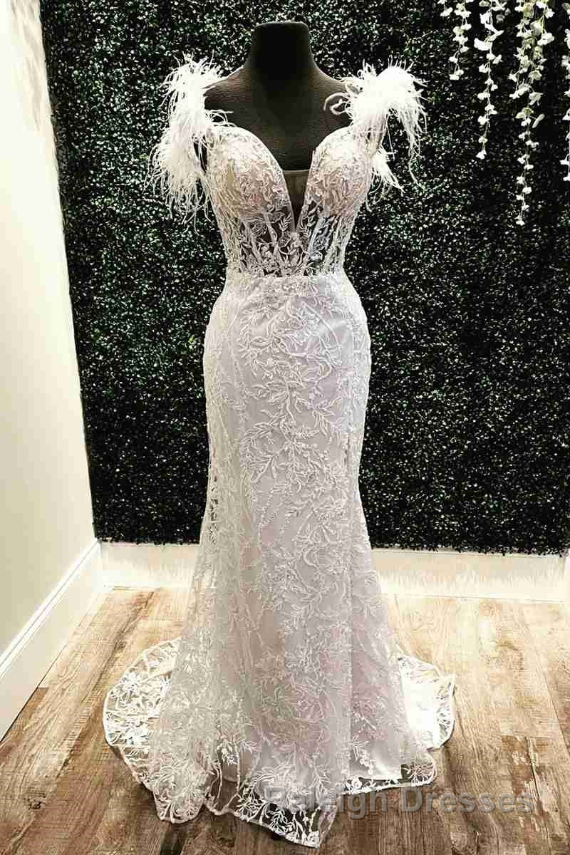 Plunging V Neck Red Feather Shoulder Prom Dresses Long Gala Prom Gown