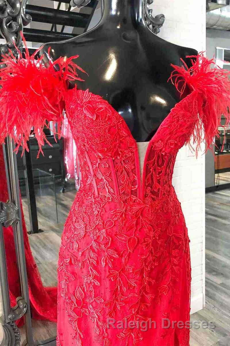 Plunging V Neck Red Feather Shoulder Prom Dresses Long Gala Prom Gown