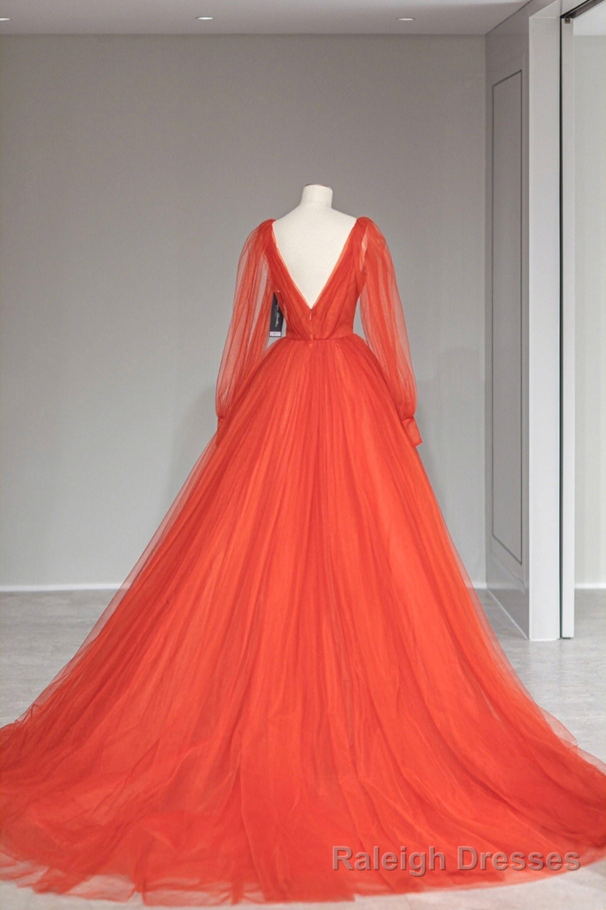 Plunging V Neck Tulle Floor Length Formal Dress, Orange Long Sleeve Prom Dress Secondary image