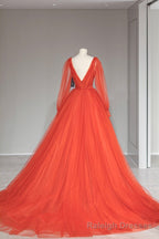 Plunging V Neck Tulle Floor Length Formal Dress, Orange Long Sleeve Prom Dress