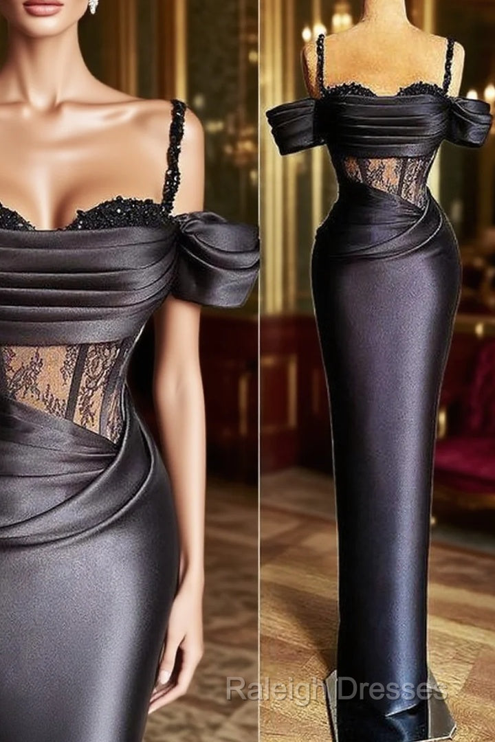Plus Size Arabic Aso Ebi Black Lace Beaded Prom Dress Spaghetti Sheath Satin Prom Second Reception Gowns