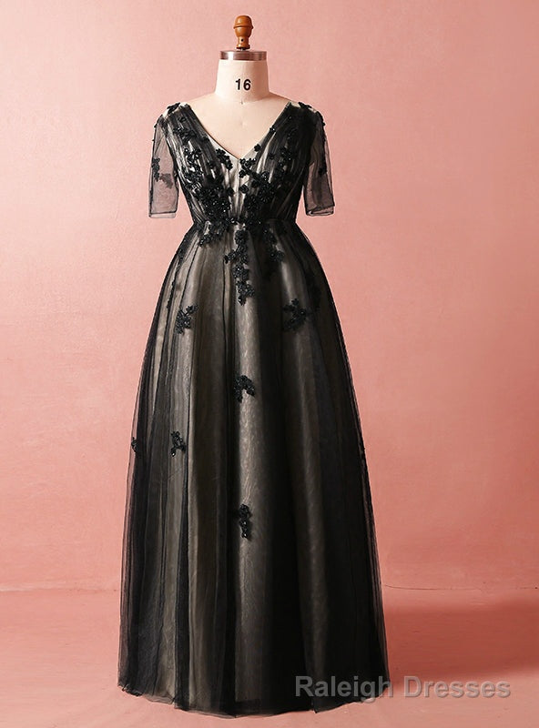 Plus Size Black Tulle Short Sleeve Empire Waist V Neck Prom Dress Main image