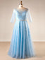 Plus Size Blue Tulle Print Short Sleeve Backless Prom Dress