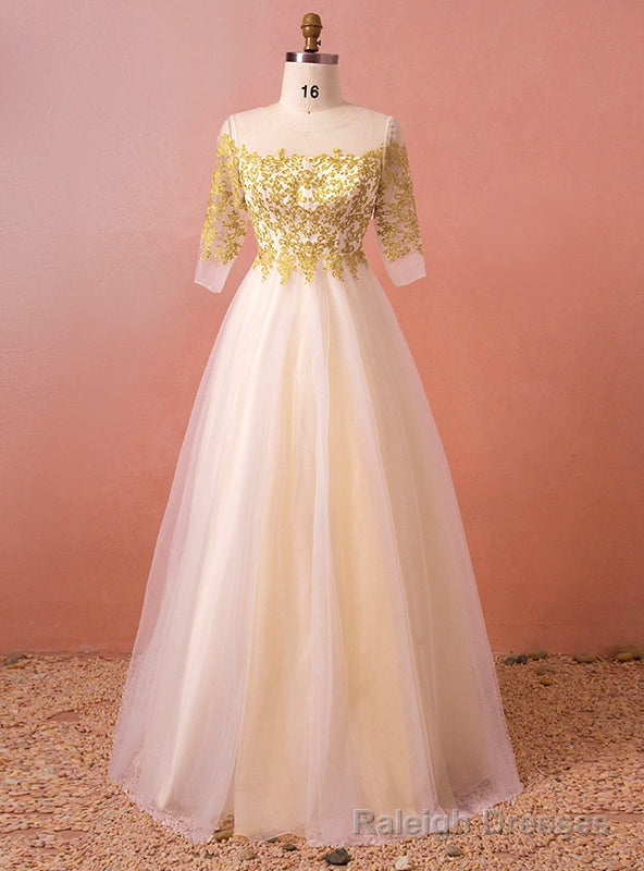 Plus Size Champagne Tulle Gold Lace Short Sleeve Prom Dress Main image