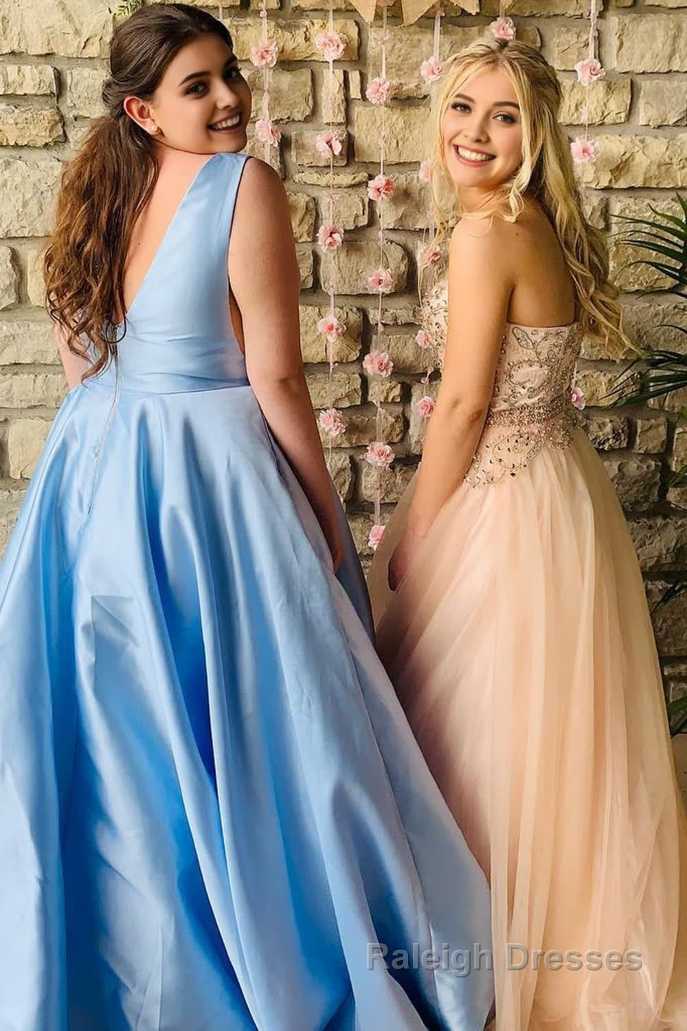 Plus Size Deep V Neck Satin Light Blue Long Prom Dress Secondary image