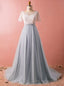 Plus Size Gray Tulle Lace Two Piece Short Sleeve Prom Dress