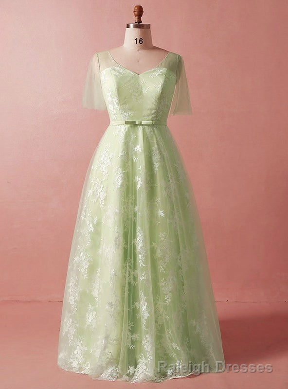 Plus Size Green Lace Tulle Short Sleeve V Neck Prom Dress