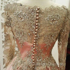 Plus Size Muslim Prom Dresses A-Line Long Sleeves Pearls Lace Islamic Dubai Kaftan Saudi Arabic Long Formal Prom Gowns
