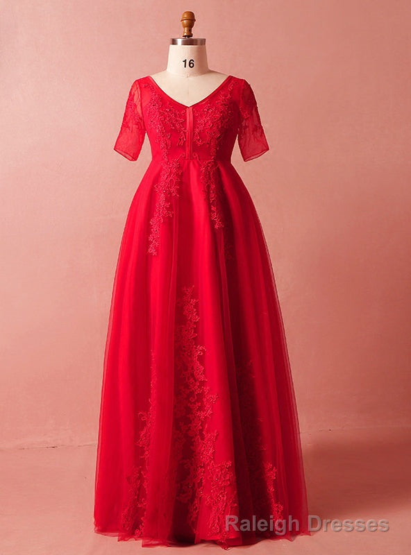 Plus Size Red Lace Tulle Short Sleeve V Neck Prom Dress Main image