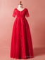 Plus Size Red Lace Tulle Short Sleeve V Neck Prom Dress