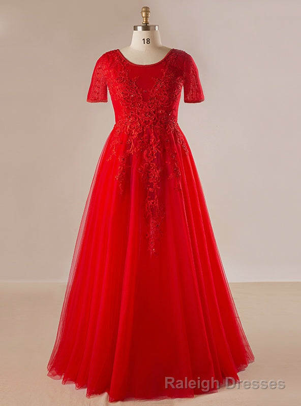 Plus Size Red Tulle Appliques Beading Short Sleeve Prom Dress Main image