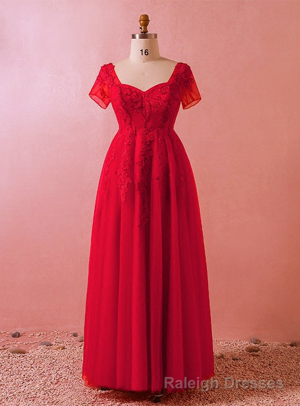 Plus Size Red Tulle Appliques Short Sleeve Floor Length Prom Dress