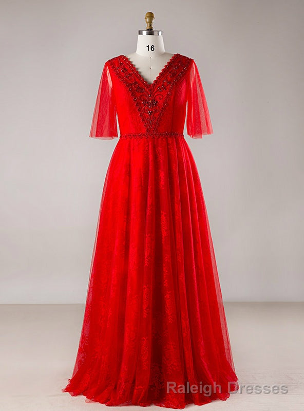 Plus Size Red Tulle V-neck Backless Floor Length Prom Dress Main image