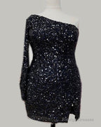 Plus Size Sequin One Sleeve Homecoming Dresses