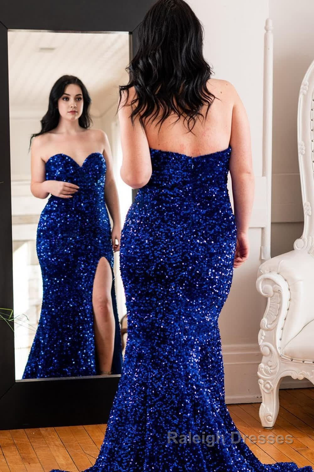 Plus Size Sparkly Mermaid Royal Blue Sequins Long Prom Dress with Slit Secondary image