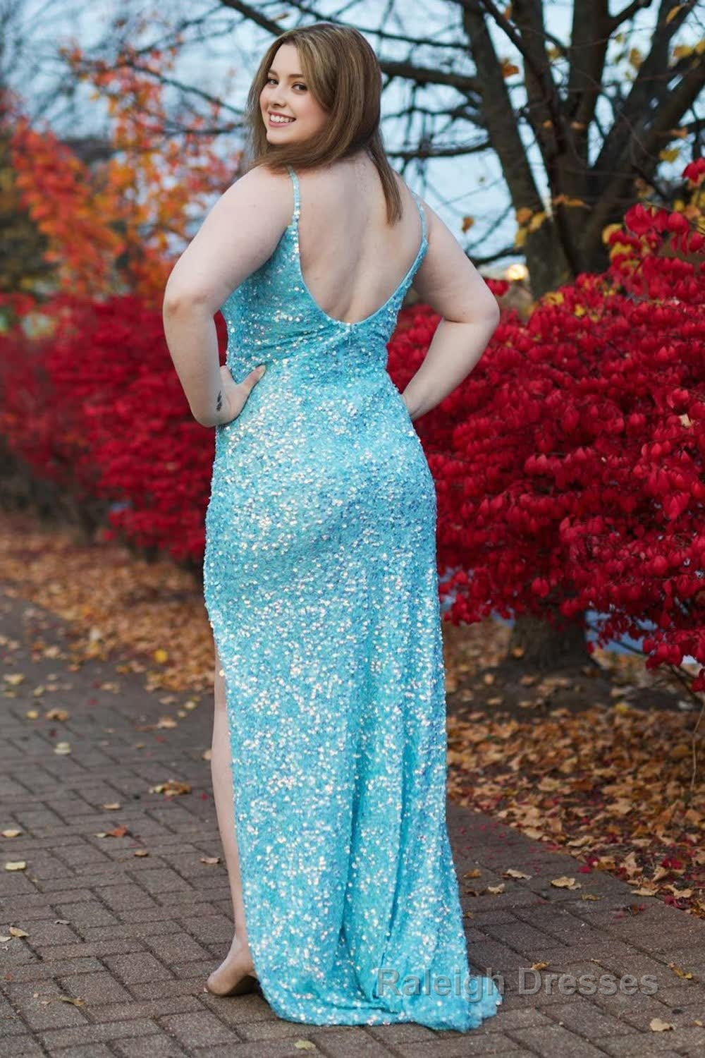 Plus Size Sparkly Sky Blue Sequins Long Prom Dress with Slit Secondary image