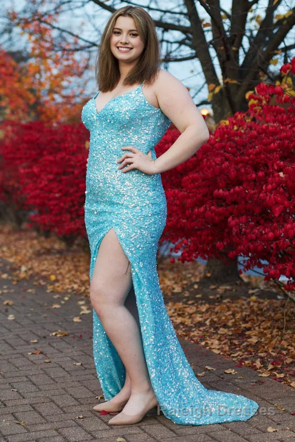 Plus Size Sparkly Sky Blue Sequins Long Prom Dress with Slit Main image