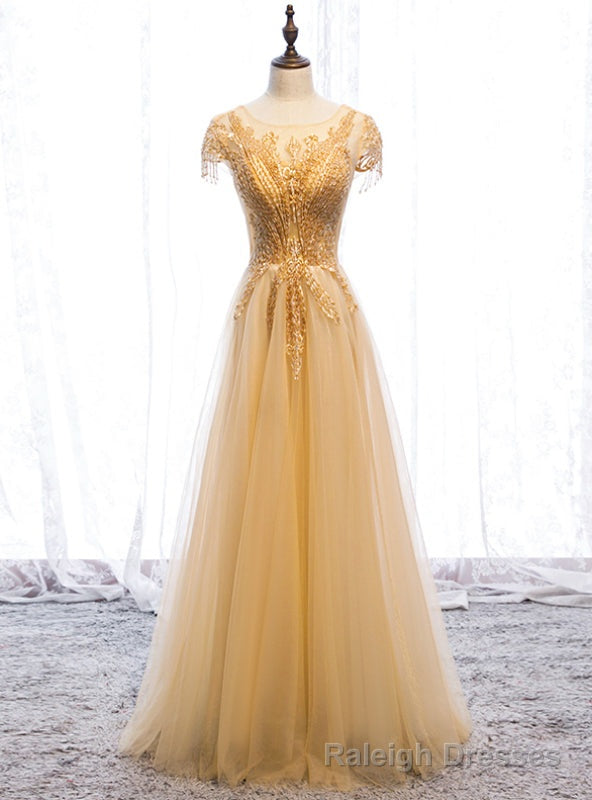 Popular Gold Tulle Cap Sleeve Scoop Beading Prom Dress Main image