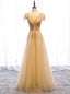 Popular Gold Tulle Cap Sleeve Scoop Beading Prom Dress