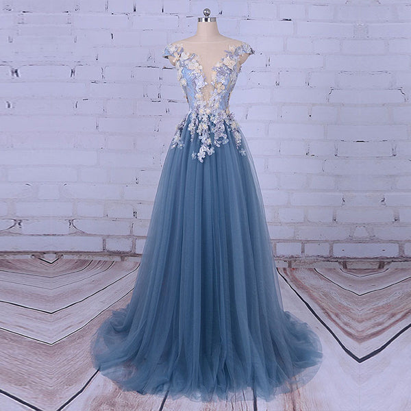 Popular Handmade Flowers V-neck Blue A-line Formal Prom Gown Dress Secondary image