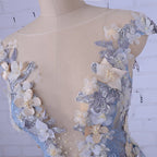 Popular Handmade Flowers V-neck Blue A-line Formal Prom Gown Dress