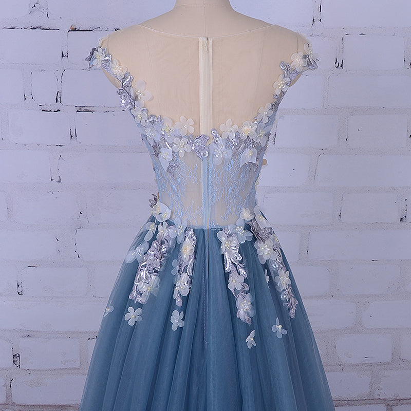 Popular Handmade Flowers V-neck Blue A-line Formal Prom Gown Dress