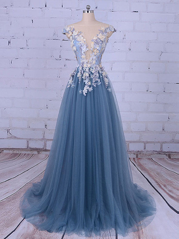 Popular Handmade Flowers V-neck Blue A-line Formal Prom Gown Dress Main image