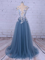 Popular Handmade Flowers V-neck Blue A-line Formal Prom Gown Dress