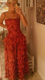 Popular Spaghetti Straps Floor Length Prom Dresses New Fashion Tiered Prom Dresses