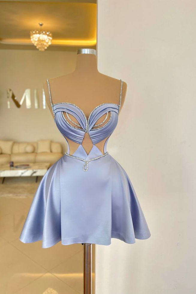 Popular Spaghetti-Straps Satin Sweetheart Homecoming Dresses Sleeveless Mini Prom Dress On Sale