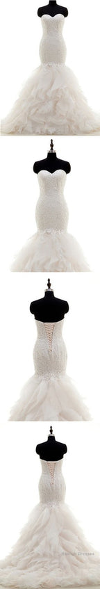 Popular Sweetheart Strapless Lace Up Mermaid White Lace Chiffon Bubble Skirt Wedding Dresses,