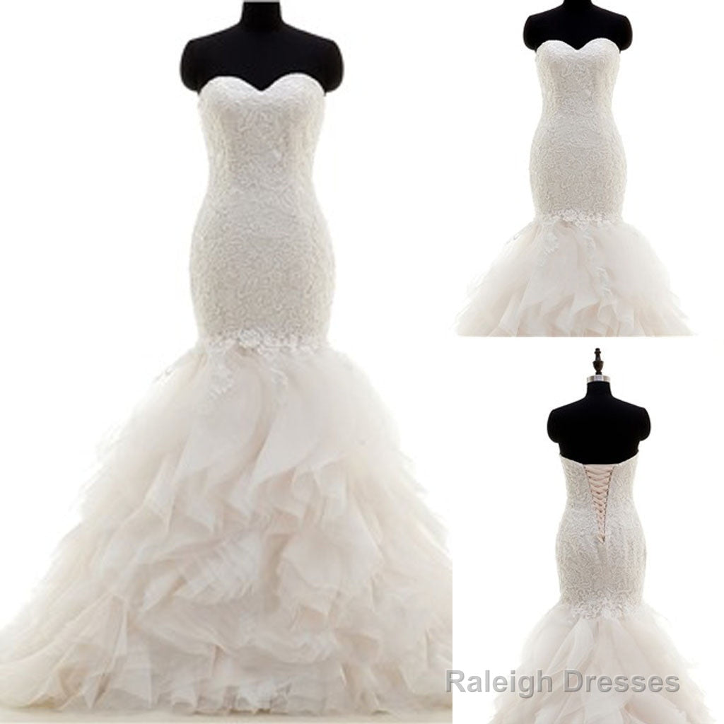 Popular Sweetheart Strapless Lace Up Mermaid White Lace Chiffon Bubble Skirt Wedding Dresses,